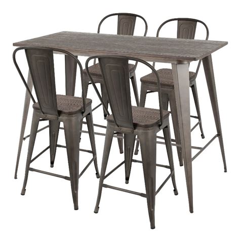 Industrial Antique Brown 5 Piece Counter Height Dining Set With High