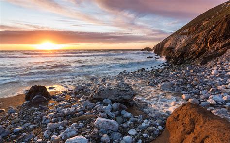 Sunset Beach Ocean Rocks Stones Coast Hd Wallpaper Nature And