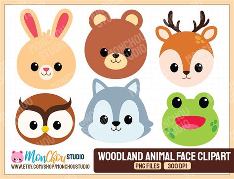 Woodland Animal Face Clipart Cute Woodland Animal Heads Etsy