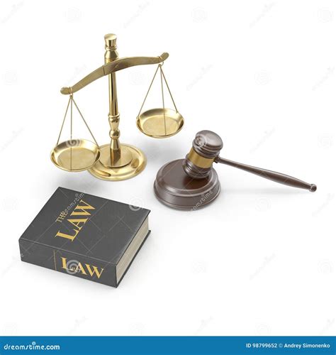 Legal Gavel Scales And Law Book On White 3d Illustration Stock