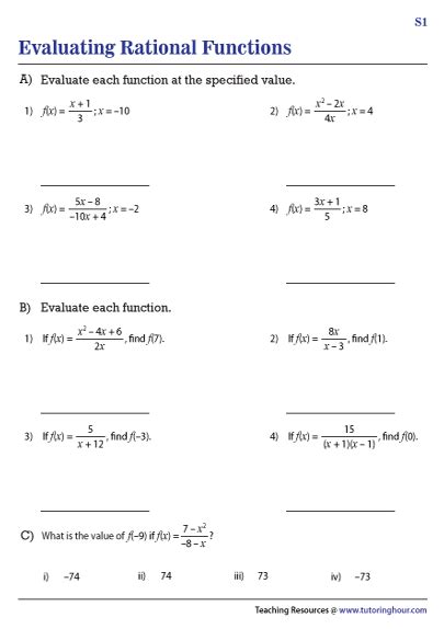 Evaluating Rational Functions Worksheets