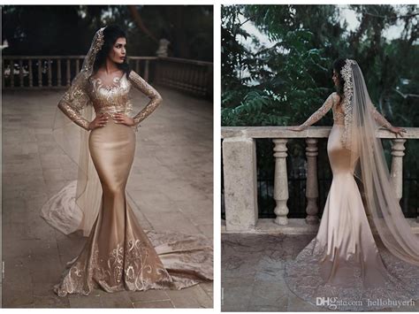 Champagne Lace Applique Mermaid Gold Wedding Dress With Long Sleeves And Veil 2019 Nigerian