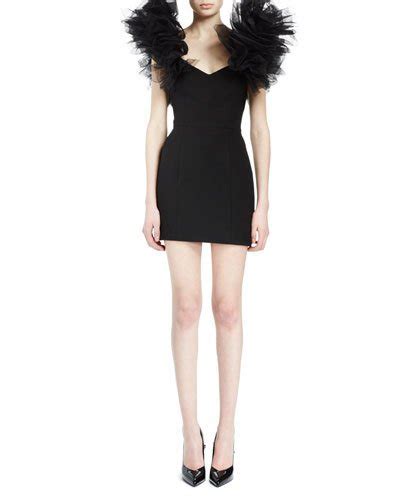Saint Laurent Womens Ruffled Tulle Shoulder Mini Dress In Black Modesens