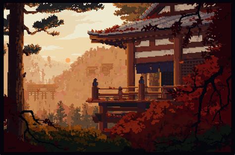 View Over Japanese Valley In Autumn Animated Pixelart Pixel Art