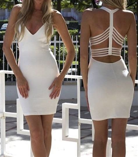 Sexy Backless Plunging Neckline Bodycon Dress For Women White Sexy