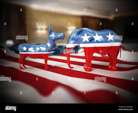 Republican And Democrat Party Political Symbols Elephant And Donkey On