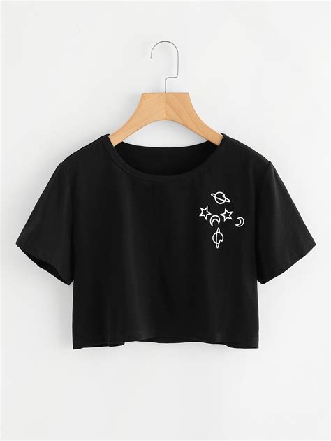 Planet Print Crop Tee Belly Shirts Clothes