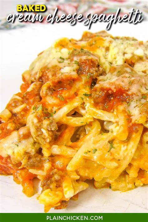 Loaded with tons of yummy cheese!!! Baked Cream Cheese Spaghetti Casserole - Plain Chicken