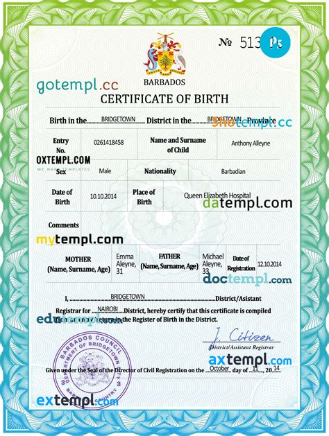 Barbados Vital Record Birth Certificate Psd Template Completely Editable