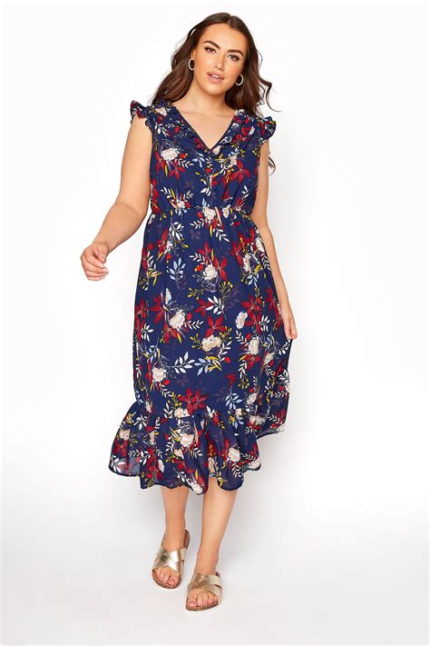 Navy Floral Ruffled Midi Dress Yours Clothing