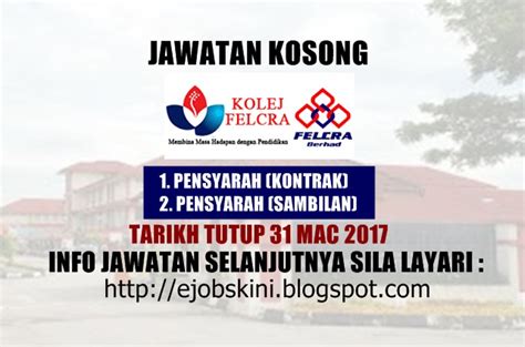 Jawatan kosong awam ialah blog untuk pencari kerja bagi jawatan awam di malaysia. Jawatan Kosong Terkini di Kolej FELCRA - 31 Mac 2017