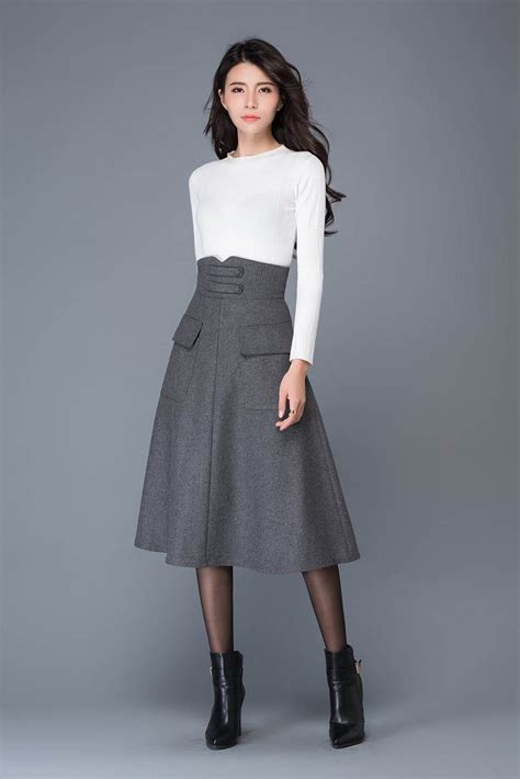 High Waisted Wool Skirt In Gray Midi Skirt Winter Skirts Etsy Uk Womens Skirt Outfits Midi