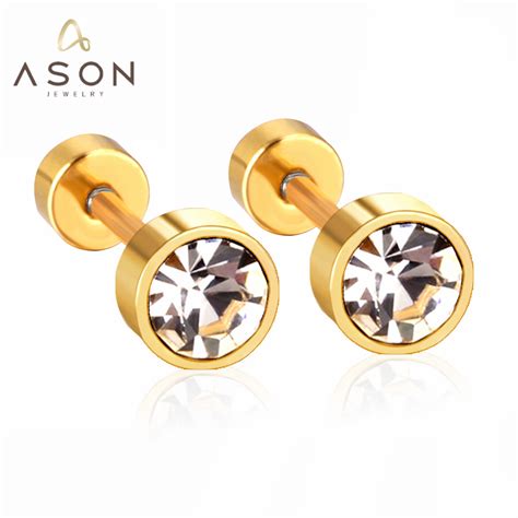 Asonsteel Gold Silver Color Stud Earrings Cz Round Crystal Stainless