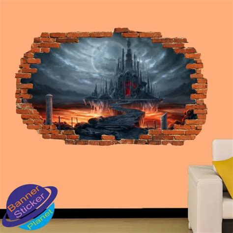 Gothic Castle Full Moon View 3d Smashed Wall Sticker Room Decoration