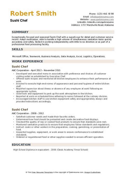 Sushi Chef Resume Samples Qwikresume