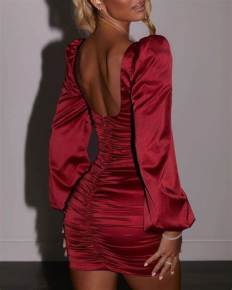 Satin Puff Sleeve Ruched Backless Bodycon Dress Online Discover