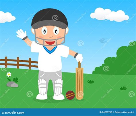 Cute Boy Playing Cricket In The Park Vector Illustration