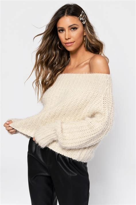 White Sweater Fuzzy Sweater White Off The Shoulder Sweater