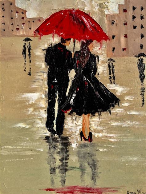 Framed Couple Walking Under Umbrella In Rain Oil Painting Portraits