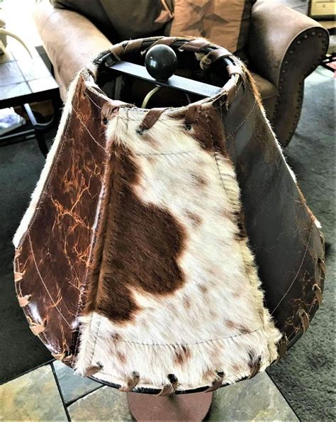 Brown And White Cowhide Lamp Shade W Distressed Crackle Leather In