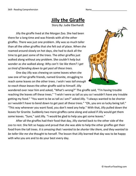 Jilly The Giraffe Reading Comprehension Worksheet Reading