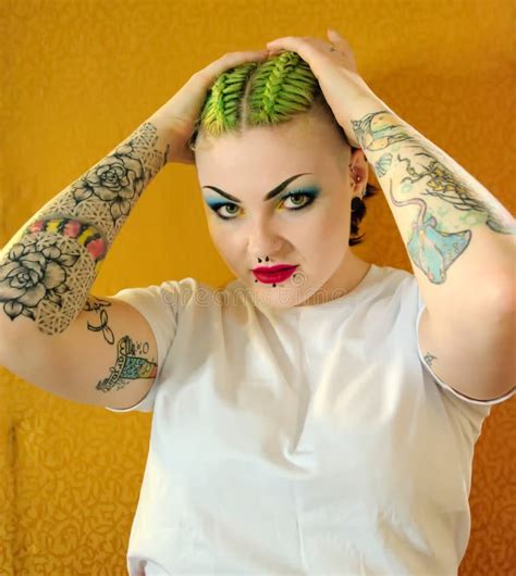 Punk Girl With Attitude Green Hair Tattoos Facial Piercings Stock Image Image Of Pierced