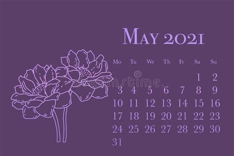 A Card From The Calendar For The Month Of May 2021 For Printing Stock
