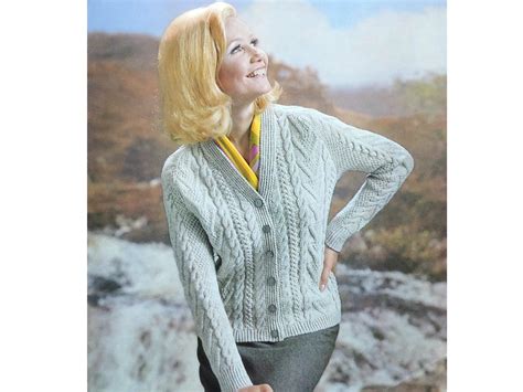 womens aran cable cardigan vintage 60s knitting pattern pdf etsy cardigan jacket cable