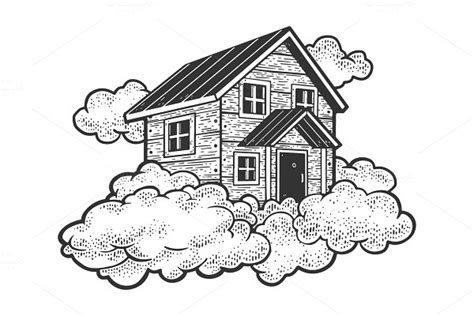 Flying House In Clouds Sketch Vector Pre Designed Vector Graphics