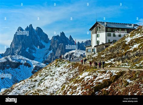 Mountain Hut Rifugio Auronzo On The Hiking Trail Of The Three Peaks