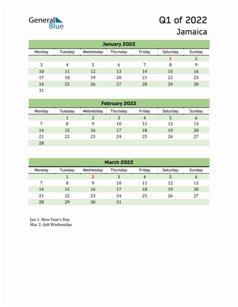 Three Month Calendar For Jamaica Q1 Of 2022