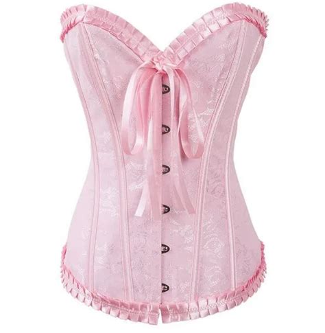 Women Sexy Lace Up Ribbon Lingerie Bustiers Pink Embroidered Satin