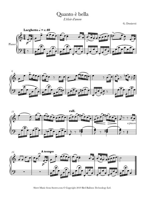donizetti quanto e bella from l elisir d amore sheet music for piano
