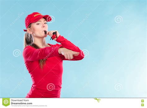 Lifeguard Woman In Cap On Duty Blowing Whistle Royalty Free Stock