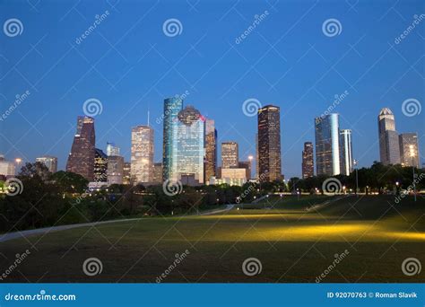 Houston Downtown Skyline Illuminated At Blue Hour Stock Image Image