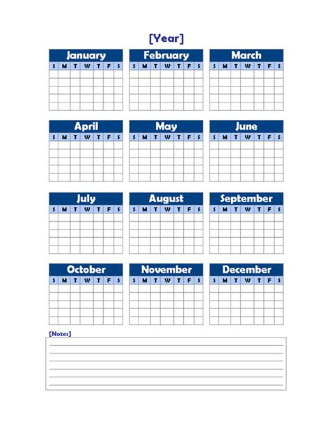 Yearly Blank Calendar Potrait With Notes Free Printable Templates