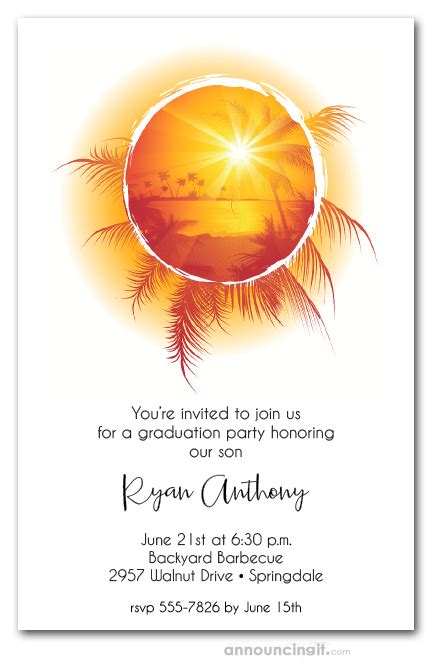 tropical sunset on water graduation party invitations