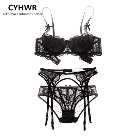 Cyhwr Women Sexy Bra Set Intimates Embroidery Half Cup Lingerie Thin Temptation Black Bra And