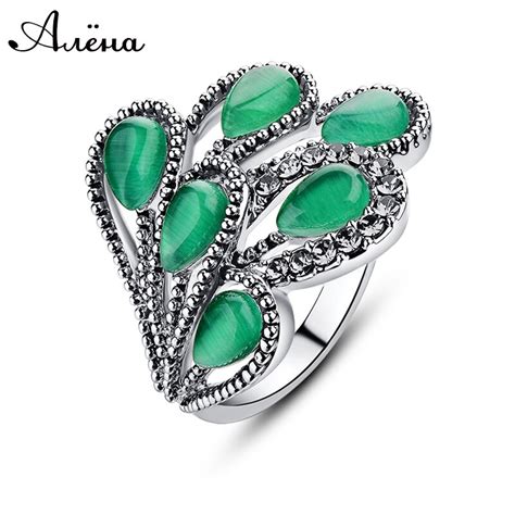 Women Natural Emerald Ring Vintage Natural Jade Stone Ring Silver Plated Rhinestone Red Water