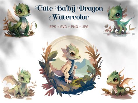 Cute Baby Dragon Watercolor Svg Clipart Grafik Von Phoenixvectorart