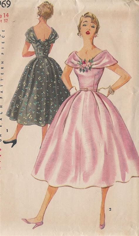 Vintage 1950s Misses Dress Pattern Low Neckline Large Collar Off