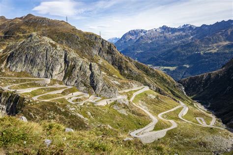 St Gotthard Mountain Pass Dramatic Road With Swiss Alps Switzerland