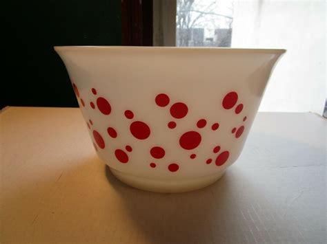 Vintage Hazel Atlas Red Polka Dots Milk Glass Punch Bowl Large