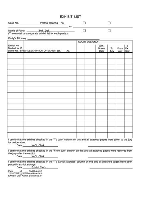 Trial expiration template with a benefits list. Fillable Form Tf-200 - Exhibit List printable pdf download