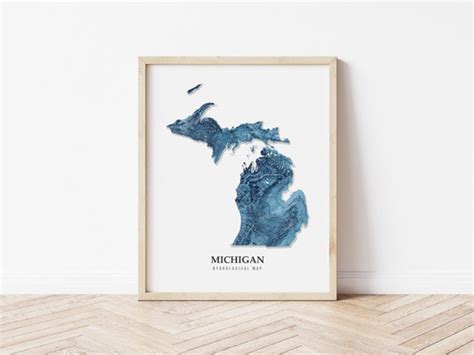 Michigan Hydrological Map Poster Blue Etsy