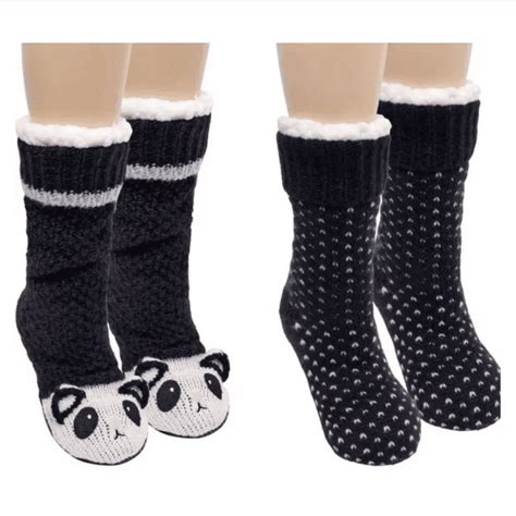 Jane And Bleecker 2 Pair Slipper Socks Black And White And Panda Medium