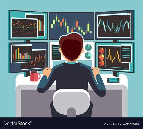 Stock Market Trader Looking At Multiple Computer Vector Image