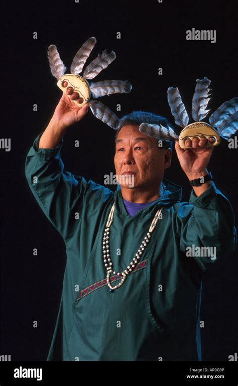 Yupik Man Wdance Fans Southcentral Alaska Studio Portrait Stock Photo