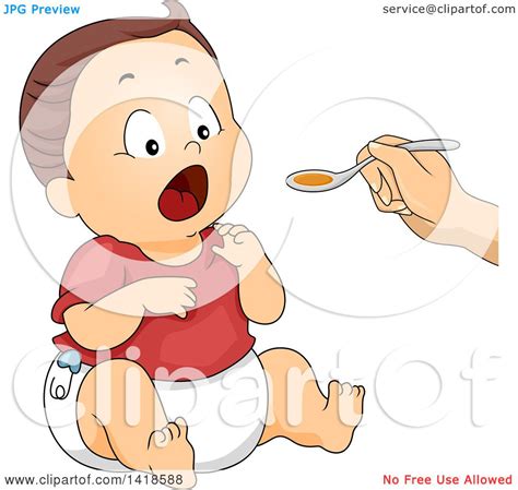 Clipart Of A Hand Holding Out A Spoon With Cough Syrup For A Sick Baby