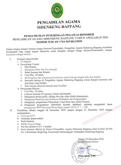 Informasi lowongan kerja bumn februari 2021, cpns, bank, pln, keuangan, pegadaian, pertamina, bpjs, kesehatan, smp, sma, smk, d3, s1 lowongankerja15.com, lowongan kerja sma s1 bank mandiri taspen bulan februari 2021 setiap orang memiliki usaha agar bisa mendapatkan pekerja. Lowongan Kerja Pengadilan Agama Sidenreng Rappang